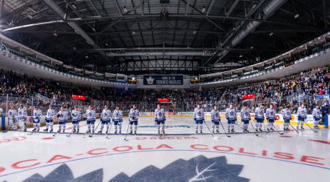 Joueurs de hockey des Marlies alignés au Coca-Cola Coliseum