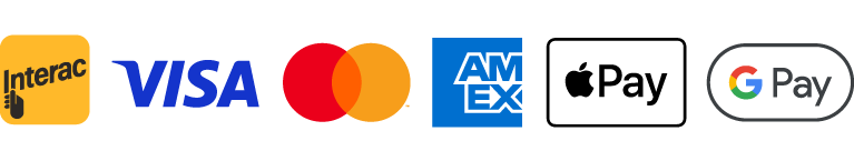 Débit Interac, Visa, Mastercard, Amex, Apple Pay, Google Pay