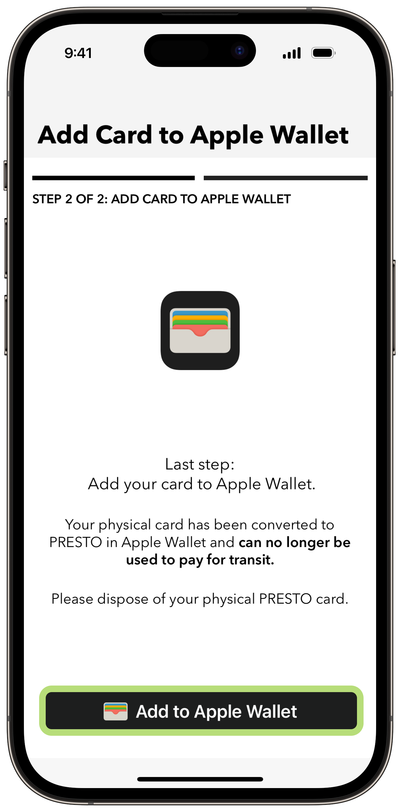 How to convert a physical PRESTO card using the PRESTO app Step 5 Screenshot