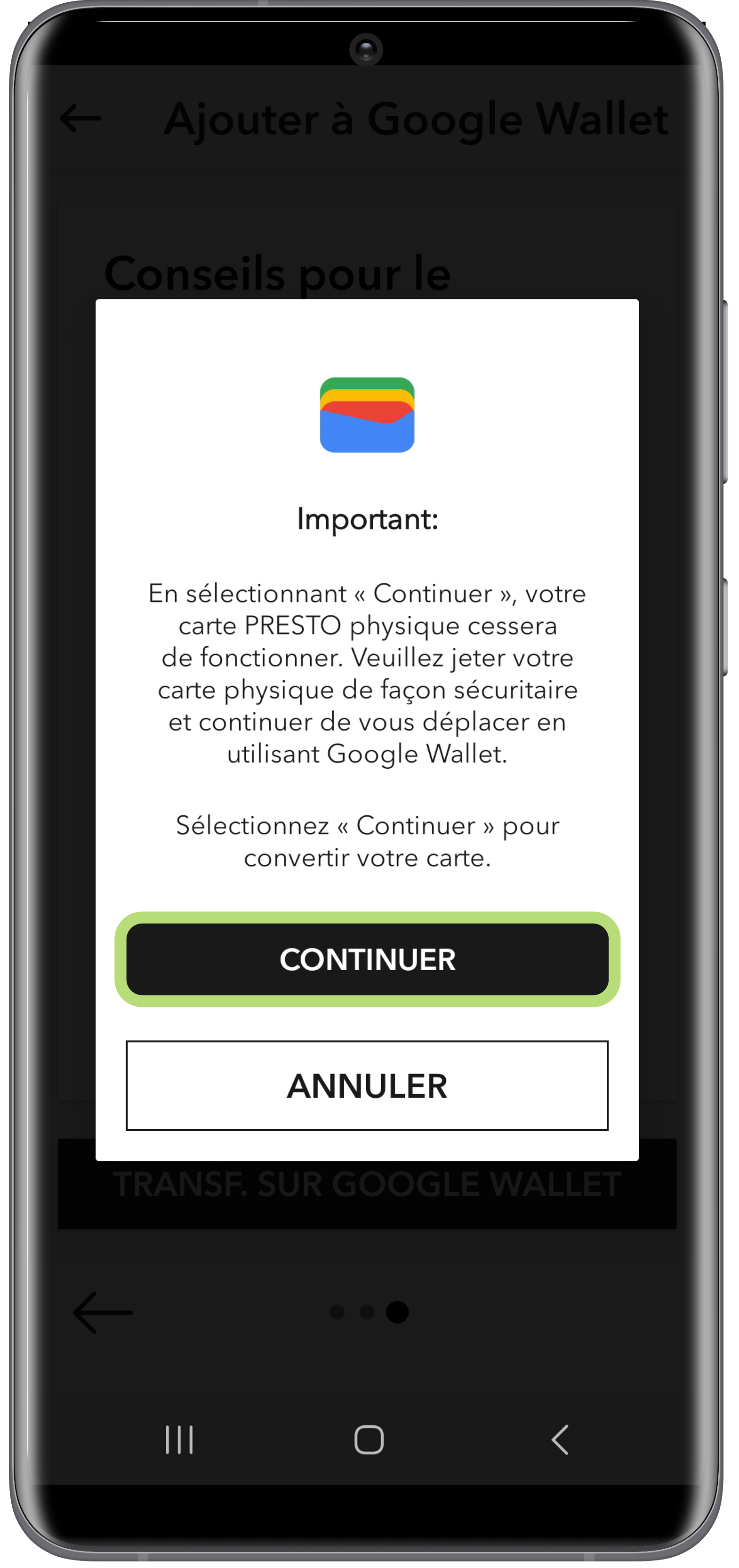 Comment convertir une carte PRESTO physique à l'aide de l'application PRESTO 3 étape capture d'écran