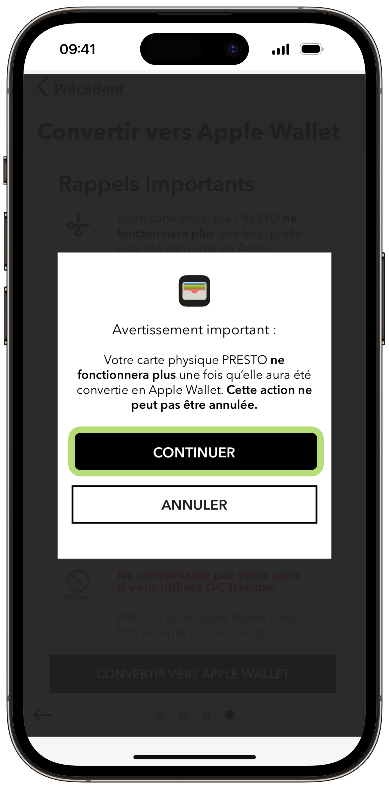 Comment convertir une carte PRESTO physique à l'aide de l'application PRESTO 3 étape capture d'écran