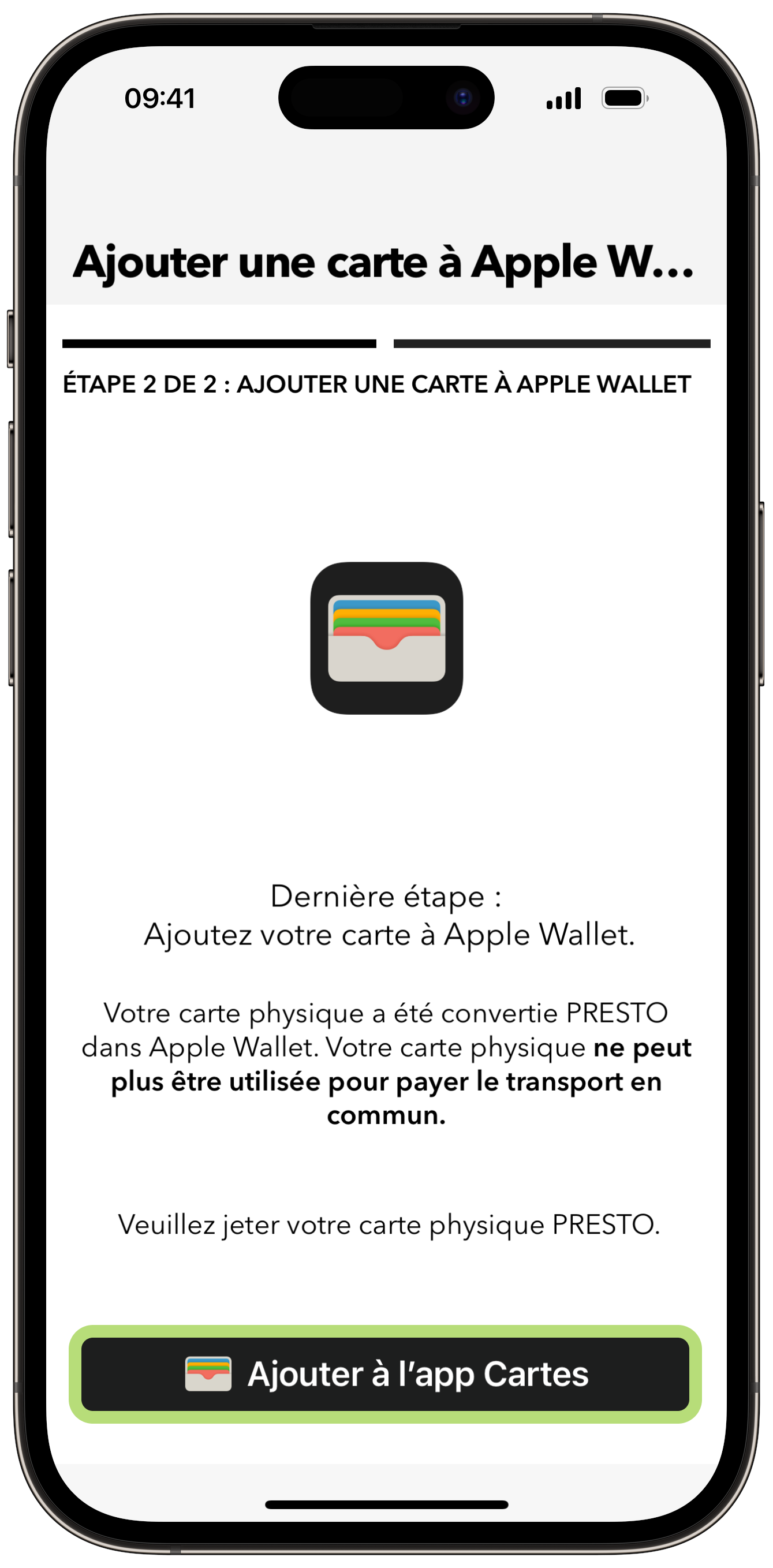 Comment convertir une carte PRESTO physique à l'aide de l'application PRESTO 5 étape capture d'écran