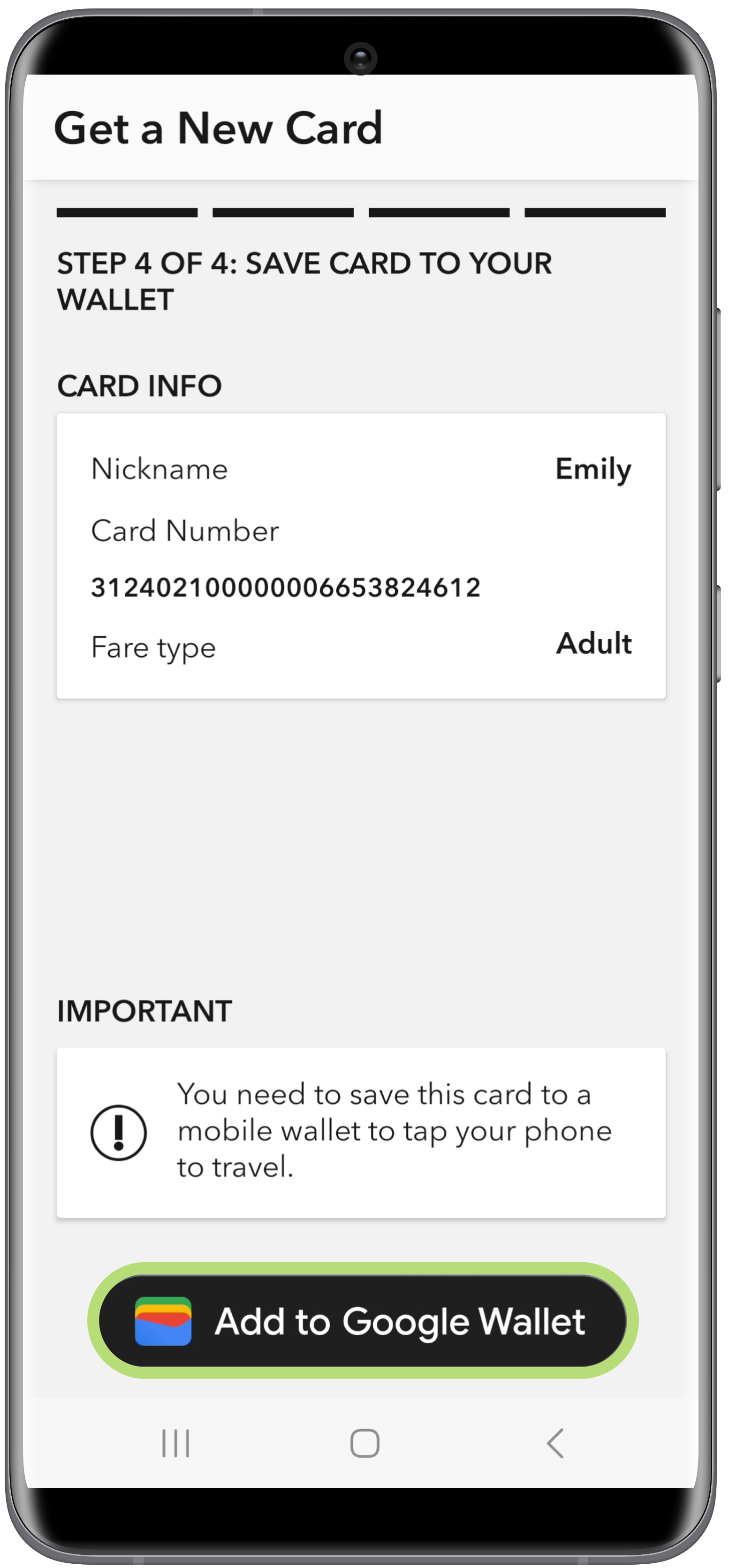 Get a new PRESTO card in Google Wallet using the PRESTO app Step 5 Screenshot