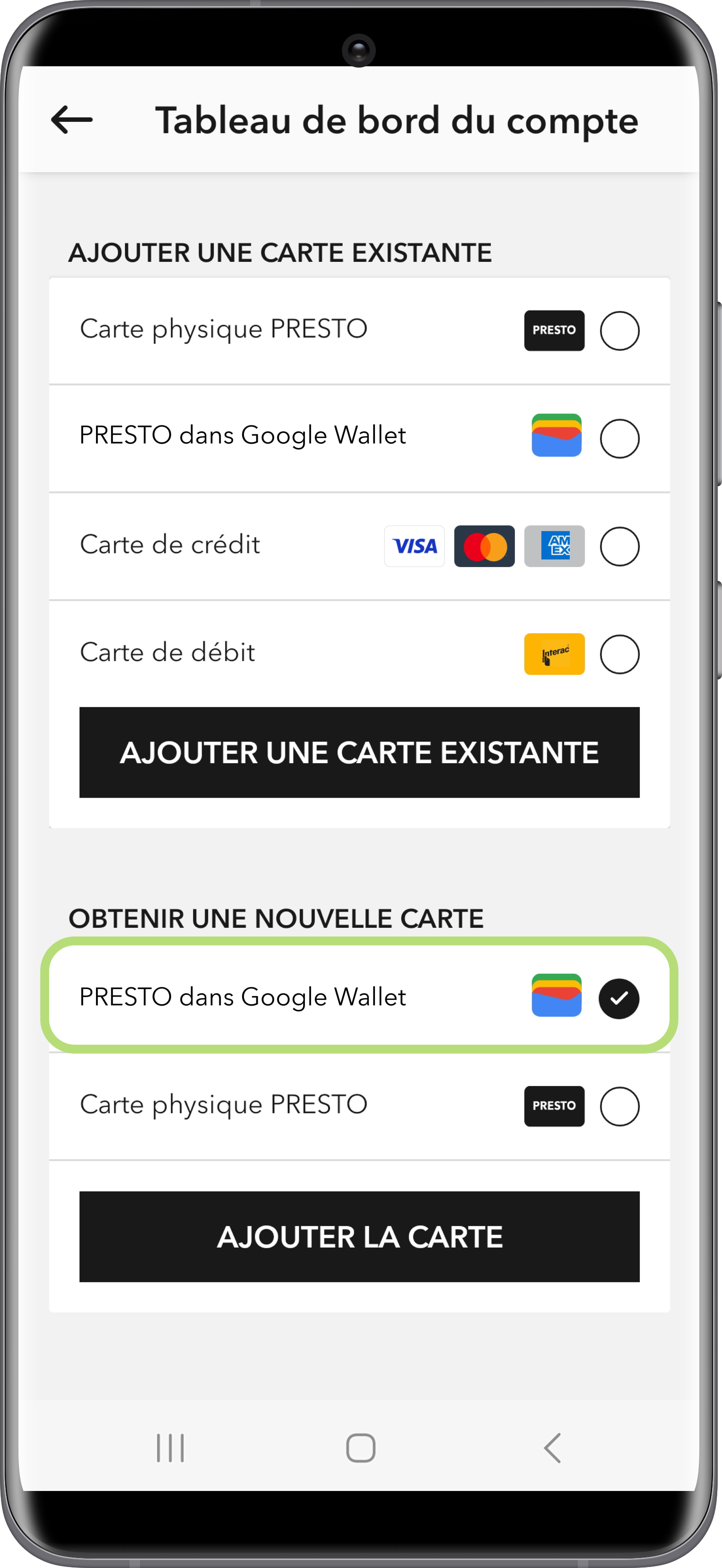 Obtenir une nouvelle carte PRESTO dans Google Wallet à l'aide de l'application PRESTO 2 étape capture d'écran
