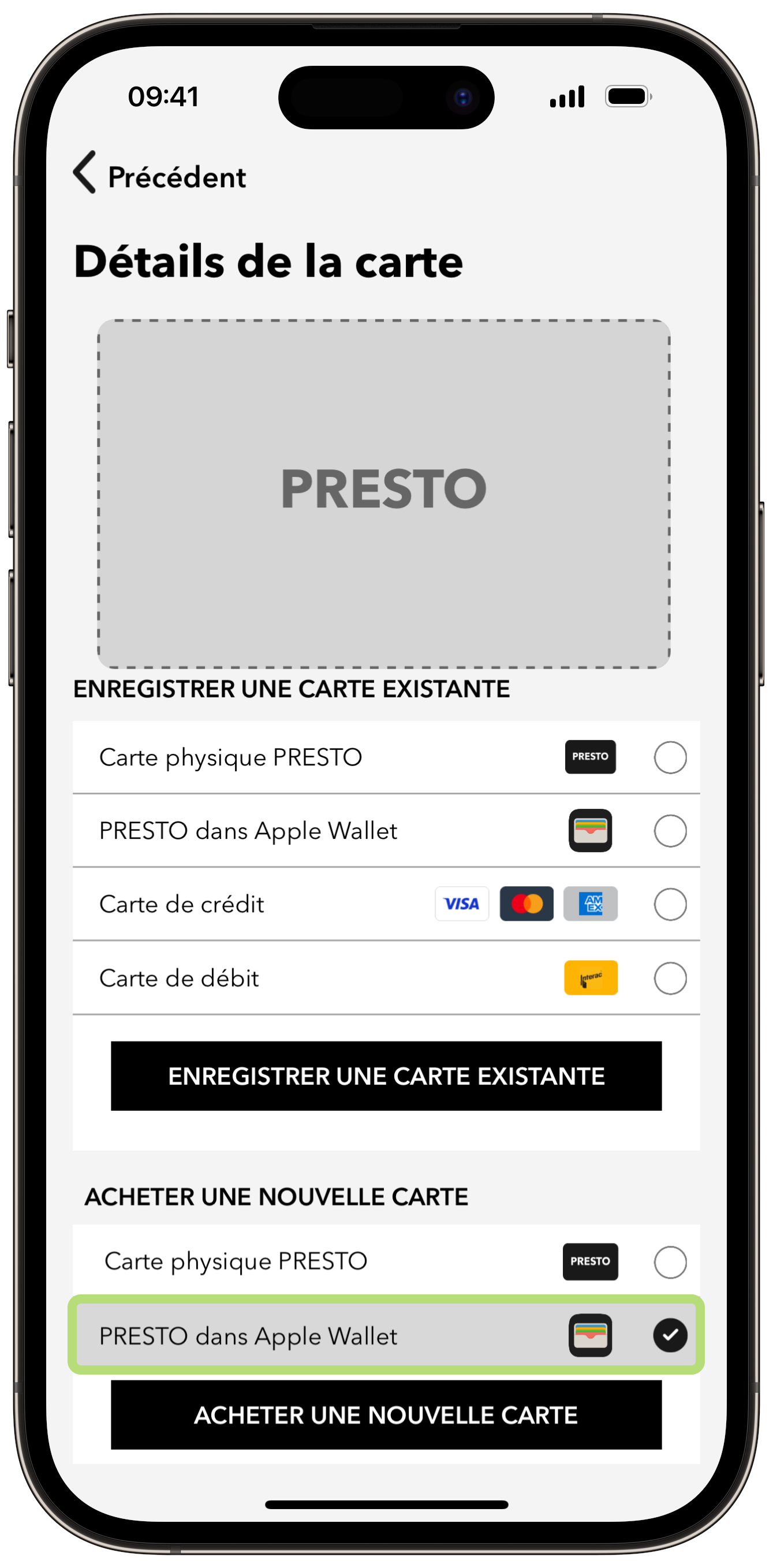Obtenir une nouvelle carte PRESTO dans Apple Wallet à l'aide de l'application PRESTO 2 étape capture d'écran