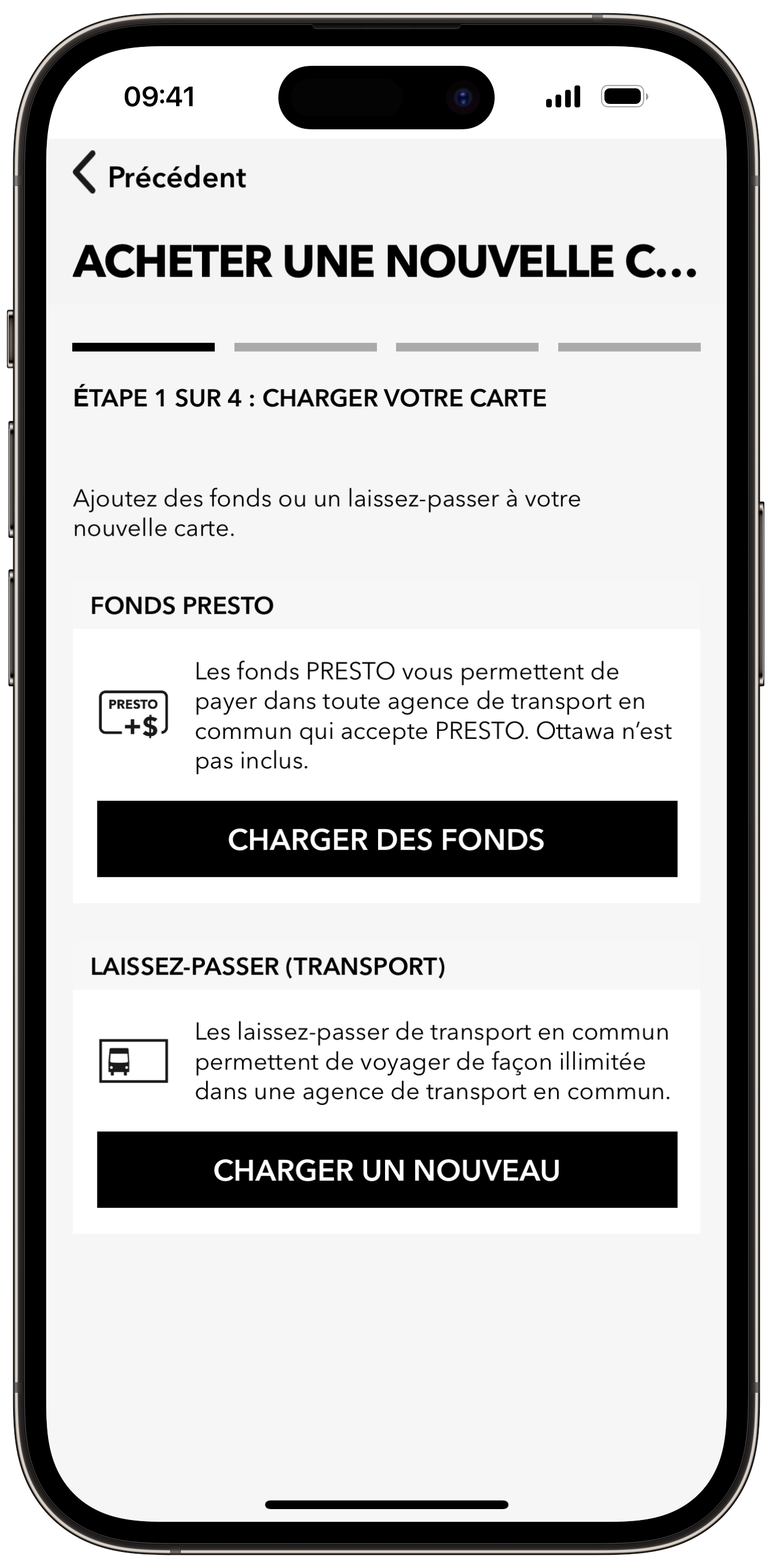 Obtenir une nouvelle carte PRESTO dans Apple Wallet à l'aide de l'application PRESTO 3 étape capture d'écran