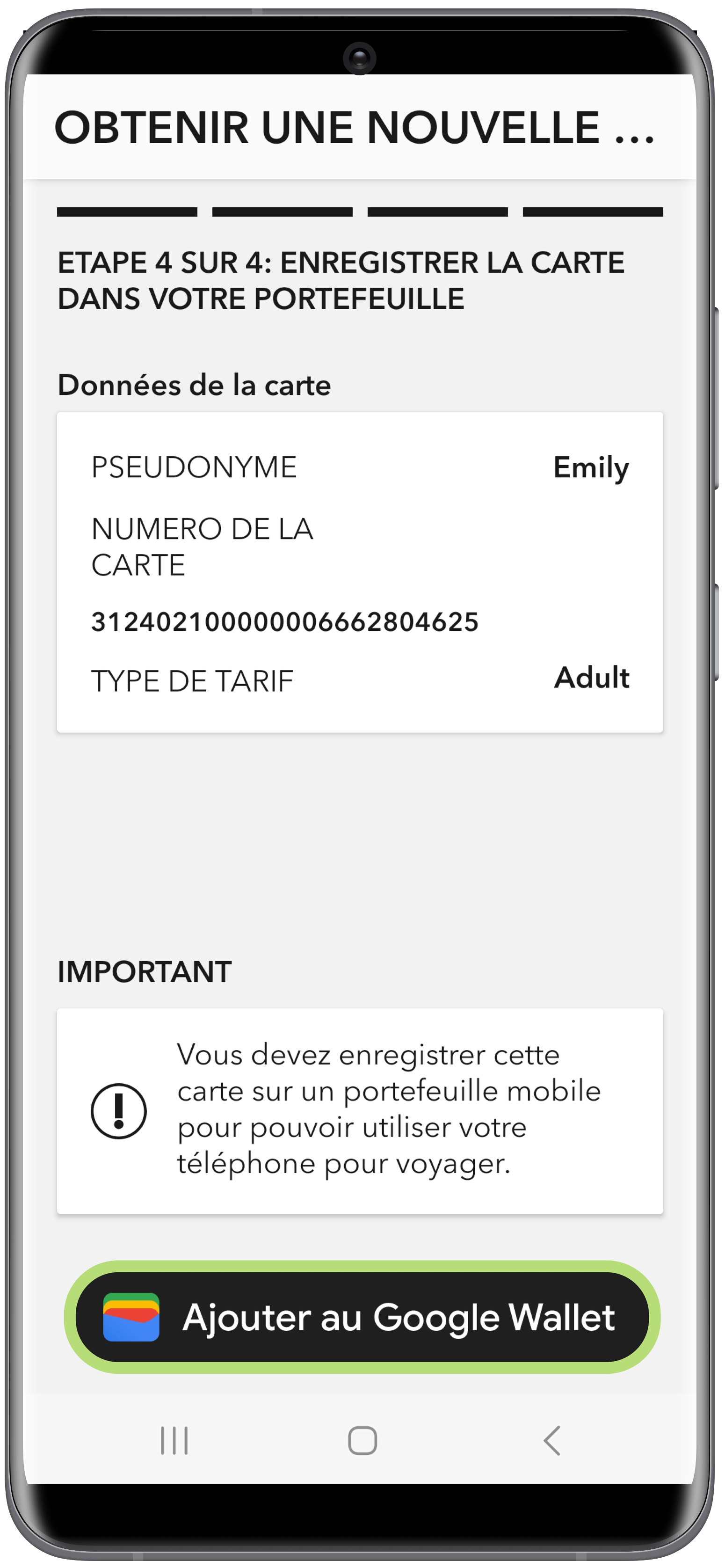 Obtenir une nouvelle carte PRESTO dans Google Wallet à l'aide de l'application PRESTO 5 étape capture d'écran