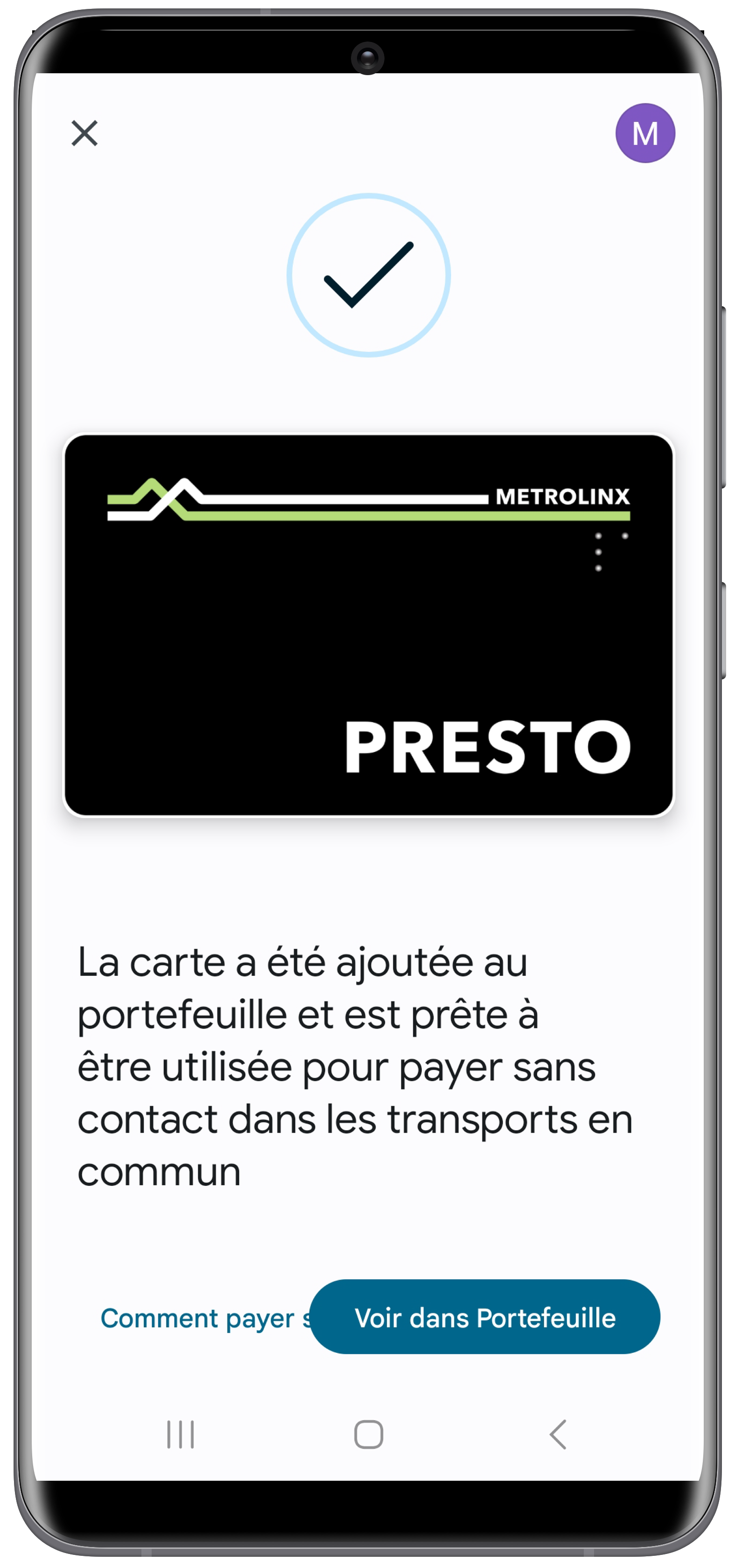 Obtenir une nouvelle carte PRESTO dans Google Wallet à l'aide de l'application PRESTO 6 étape capture d'écran